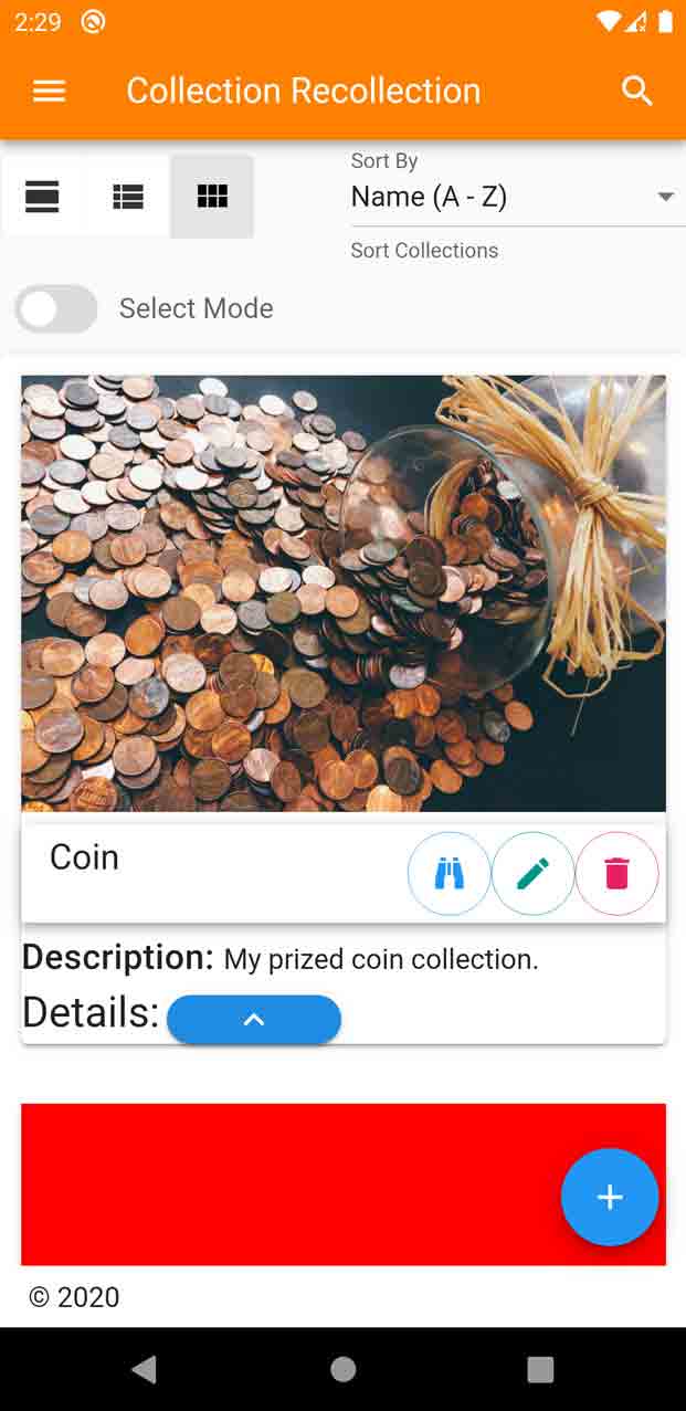 Android device, Collection Recollection app screen shot
